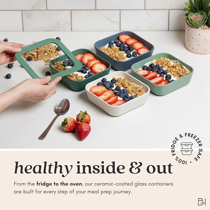 Ceramic Coated Glass Food Storage Containers | No PTFE, PFOA, PFAS, and BPA | Reusable Non Toxic Meal Prep Containers with Glass Lids | Easy To Store | 10 Piece Set [Smoke]