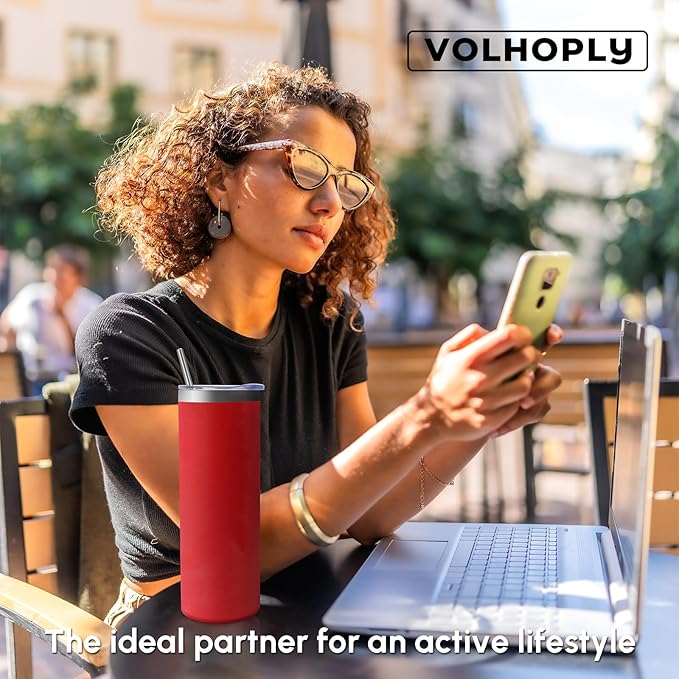 Volhoply 4 Pack Skinny Tumblers with Lid and Straw, 20oz Stainless Steel Straight Tumbler Bulk, Vacuum Insulated Coffee Mug for Home, Office, Travel, DIY (Red,4 Pack)