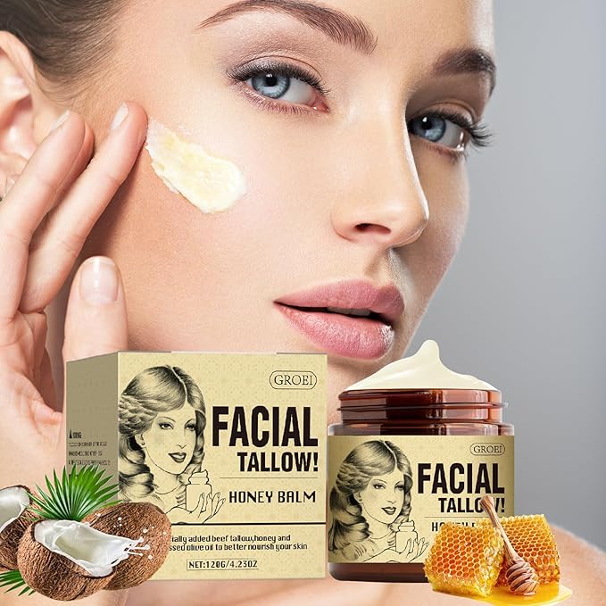 Beef Tallow for Face Skin, Moisturizer Natural Organic Honey Skin Balm for Lip And Body Cream, Organic Grass-Fed Face Cream