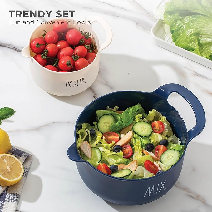 Rae Dunn Non-Slip Mixing Bowls - 4 Piece Nesting Plastic Mixing Bowl Set with Pour Spouts and Handles-Measurement Markings (Cream)