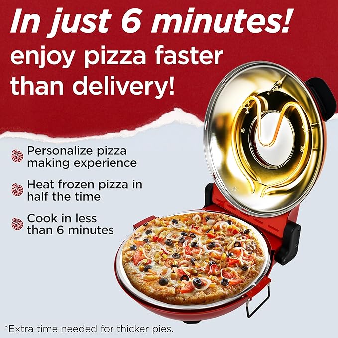 CULINARY CHEF Electric Pizza Oven with Ceramic Stone, Viewing Window, Adjustable Heat Control, Timer and 1200W Baking Power, DIY Homemade Pizzeria, Large 12” Pie Capacity (Red)