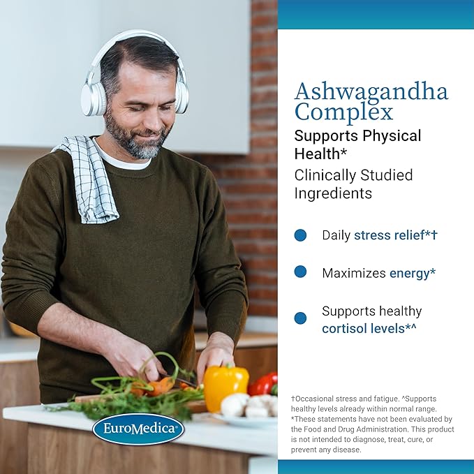 Euromedica Ashwagandha Complex - Supplement to Support Adrenal Health - Ashwagandha Supplement with Rhodiola Rosea Extract - Herbal Supplement to Support Energy & Concentration - 60 Capsules