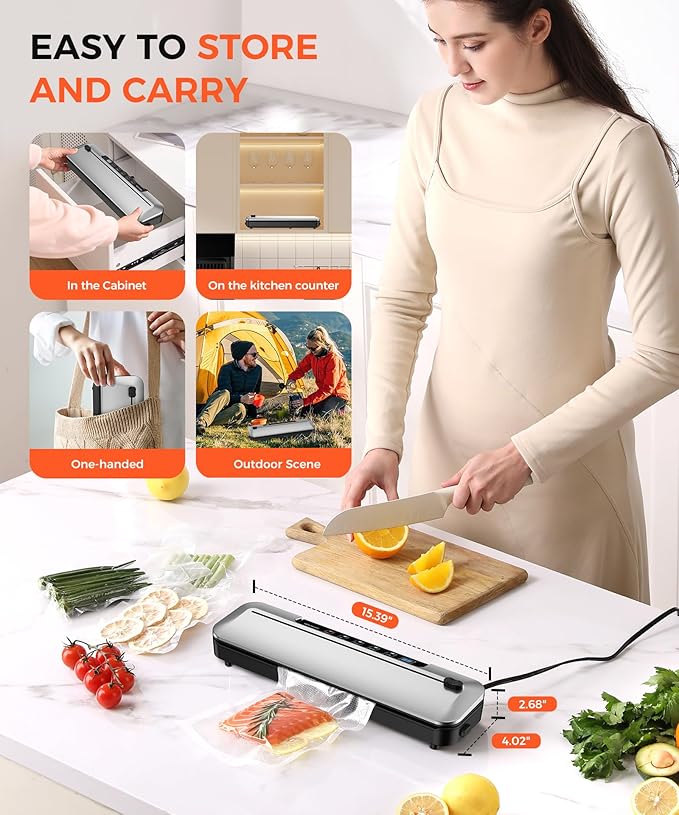 Vacuum Sealer Machine 75KPa Food with 6-in-1 Dry/Moist Modes & Digital Timer, Compact Lightweight Design, Built-in Cutter + 10 Bags (Black Silver)