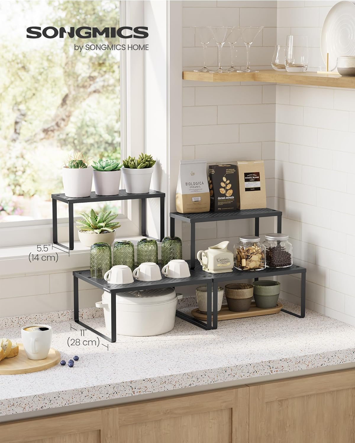 SONGMICS Spice Racks, Set of 2 Metal Cabinet Shelf Organizers, Countertop Organizers, Shelf Risers, Stackable, Expandable, Ink Black UKCS005B01