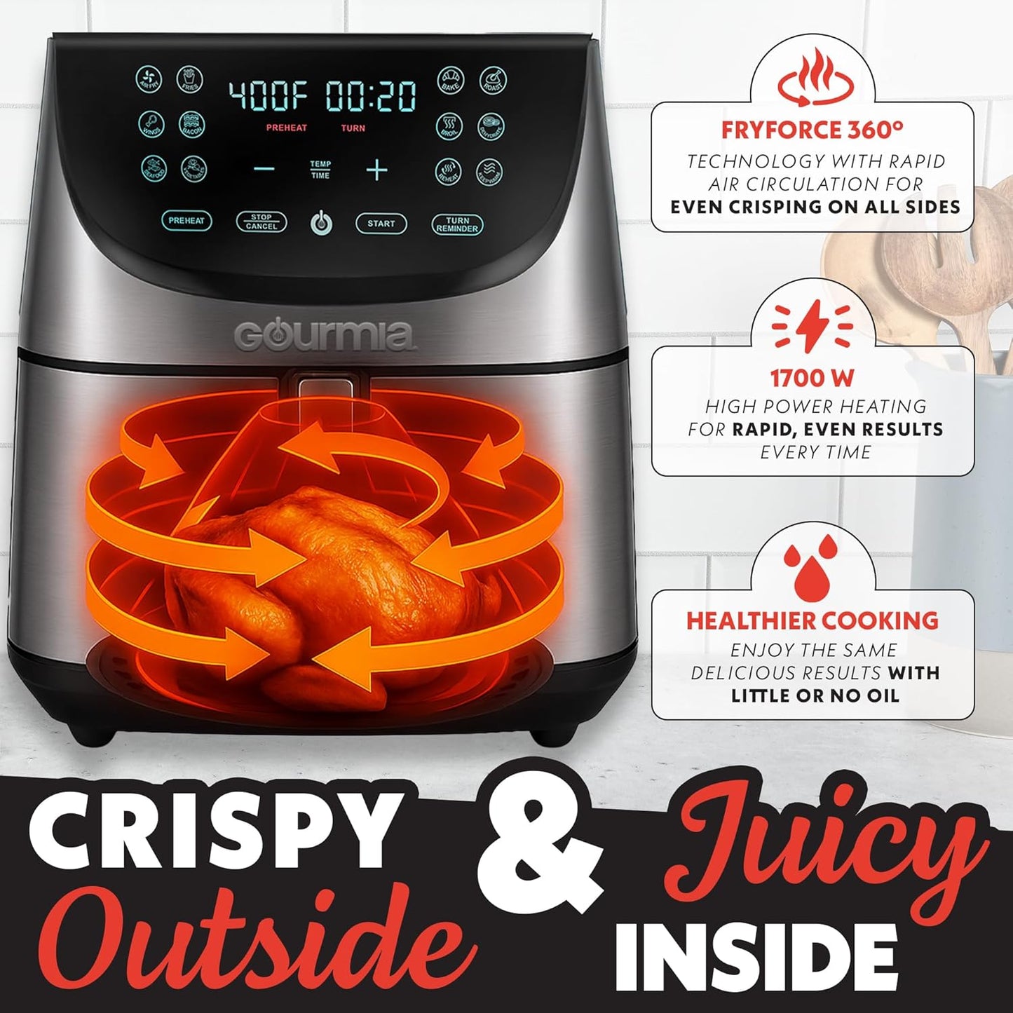 Gourmia Air Fryer Oven Digital Display 8 Quart Large AirFryer Cooker 12 Touch Cooking Presets, XL Air Fryer Basket 1700w Power Multifunction GAF856 Black and Stainless stainless steel air fryer