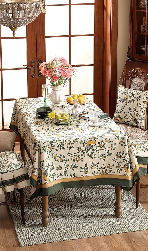 patdrea Designer Vintage French Floral Small Square Tablecloth,Yellow Brids Green Leaves Pattern Linen Table Cloth,Decor Kitchen Dining Holiday Banquet Christmas,Thanksgiving,55"x55"-Warbler