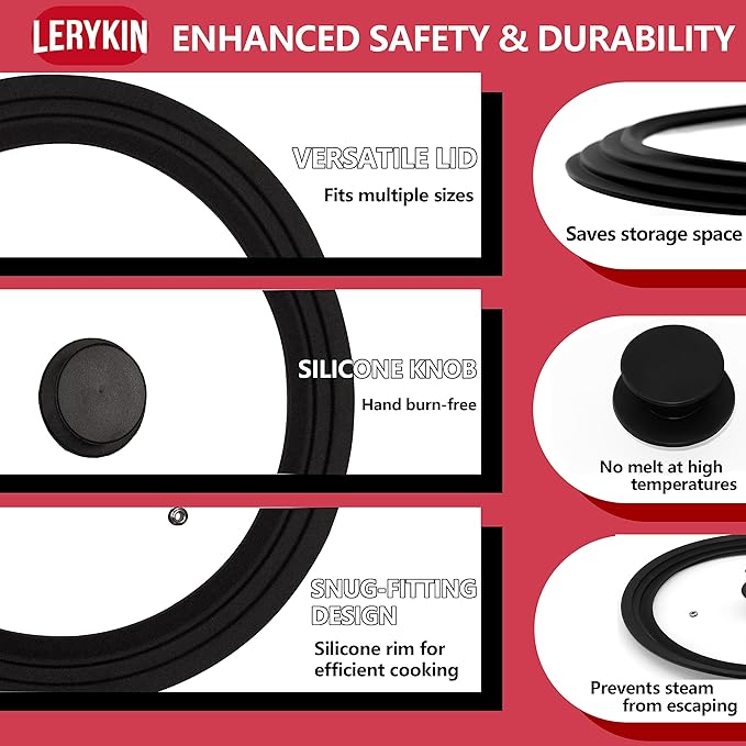 Lerykin Tempered Glass Lid Set of 2 - Universal Lids with Heat Resistant Silicone Rim for Pots, Pans and Skillets - Pan Cover Replacement Lids Fit 6.5", 7", 8" and 9.5", 10", 11" Diameter Cookware