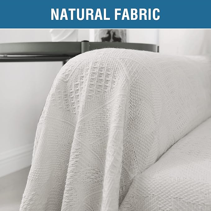 H.VERSAILTEX Cotton Sofa Covers Couch Cover Sofa Slipcover for Most Shape Sofas, Feature Thick Woven Jacquard Seamless with Tassels, Multi-Use Decorative for Couch (Medium: 71" x 91", White)