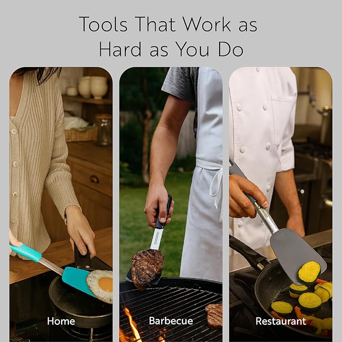 Comfy Grip 12 x 3 Inch Silicone Turner,1 Durable Cooking Turner - Stainless Steel Body,Rubber Handle With Hole, Turquoise Silicone Flipper Spatula, Tolerates Up To 446F,Dishwashable -Restaurantware