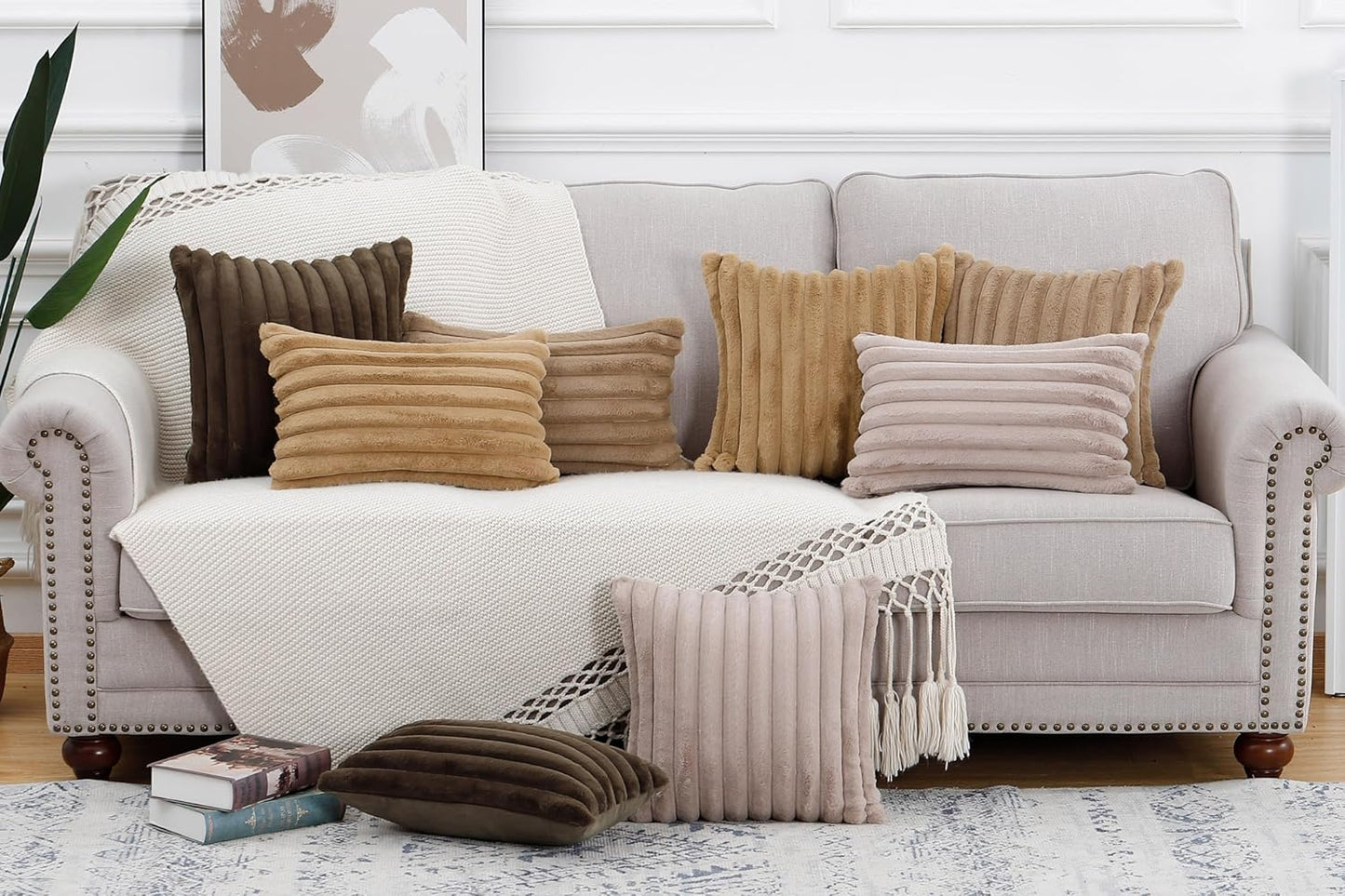 MADIZZ Set of 2 Faux Wool Plush Decorative Throw Pillow Covers 12x20 Inch Camel Fluffy Striped Soft Decorative Cushion Cover for Sofa Bedroom Pillow Shell