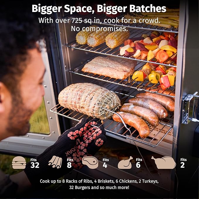 EAST OAK Ridgewood Pro Max Electric Smoker with Leg Kit, Built-in Meat Probe &Side Wood Chip Loader Up to 6× Longer Smokes, Adjustable Temperature Control Smoke More with 725 sq in Cooking Area