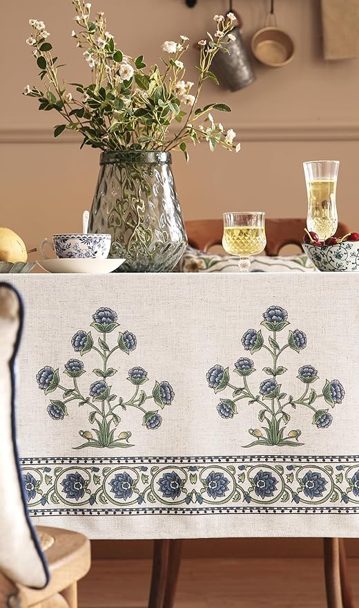 patdrea Designer Vintage Small Blue Rectangle Table Cloth,Linen Leaves Pattern Floral Tablecloth,Farmhouse Fall Table Cover for Kitchen Dining Christmas,Tea Party,Thanksgiving,55"x71"-Ivar B