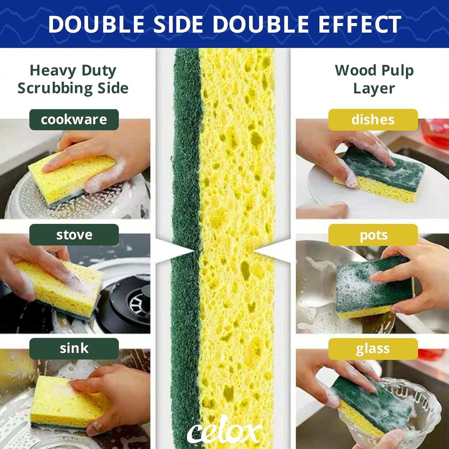 CELOX 12 Pack Dish Sponge for Kitchen, Dual Sided Scrub Heavy Duty, Non Scratch Sponges Perfect for Dishwashing and Household Cleaning, Highly Absorbent and Easy to Dry for Reuse