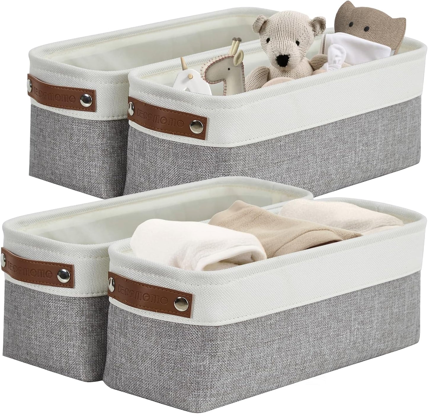 DECOMOMO Narrow Storage Bins Small Baskets for Organizing Bathroom, Toilet Tank, Towel Storage, Entryway, Gifts (Grey and White - Set of 4)