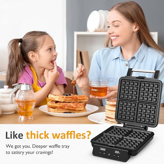 Sunvivi Waffle Maker 4 Slices with Quick Heat-Up, Time & Temperature Control, LCD Display, Nonstick Surface, Stainless Steel, Perfect Waffle Iron for Kids and Families, Black