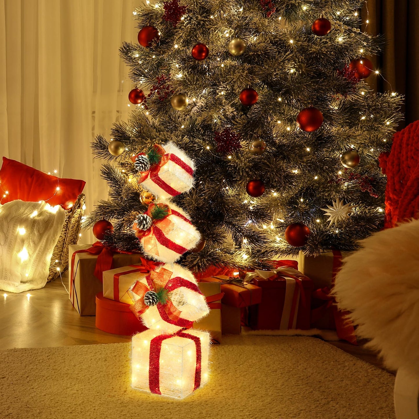 COVFEVER Christmas Lighted Gift Boxes Decorations Set of 4, 2.8Ft Stackable Christmas Nesting Boxes Battery Operated for Home and Party Decoration (8"-6"-5"-4", Red Bow)