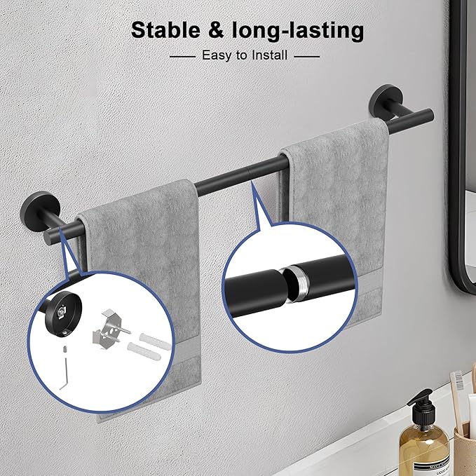 Matte Black Towel Bar, 24 Inch Towel Racks for Bathroom Wall Mounted, SUS304 Stainless Steel Bathroom Towel Holder, Total Length 26.4 Inch Towel Bars