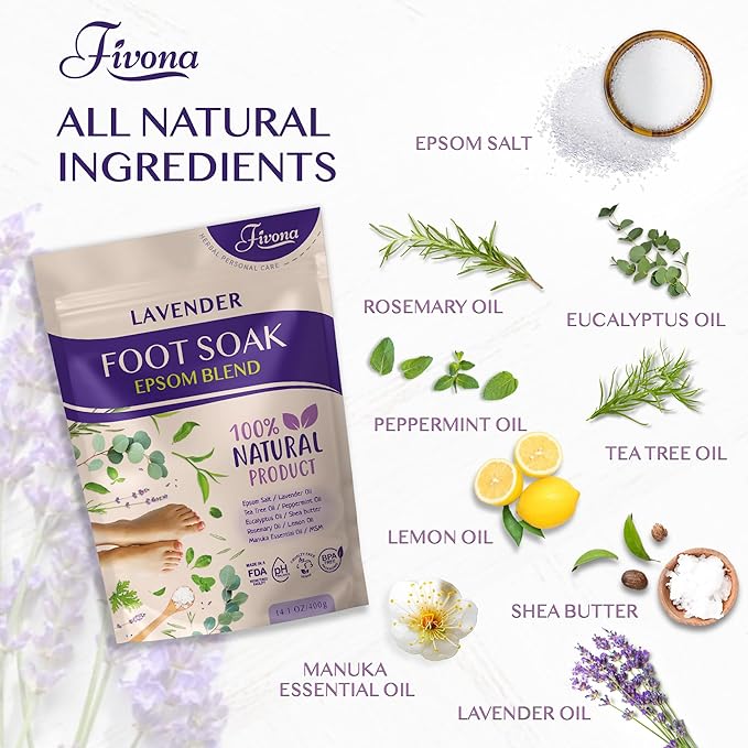 Fivona Foot Care Kit 3 in 1 - Foot Soak Blend with Epsom Salt, Lavender and Essential Oils - Collapsible Foot Soak Basin - Dual Action Foot File