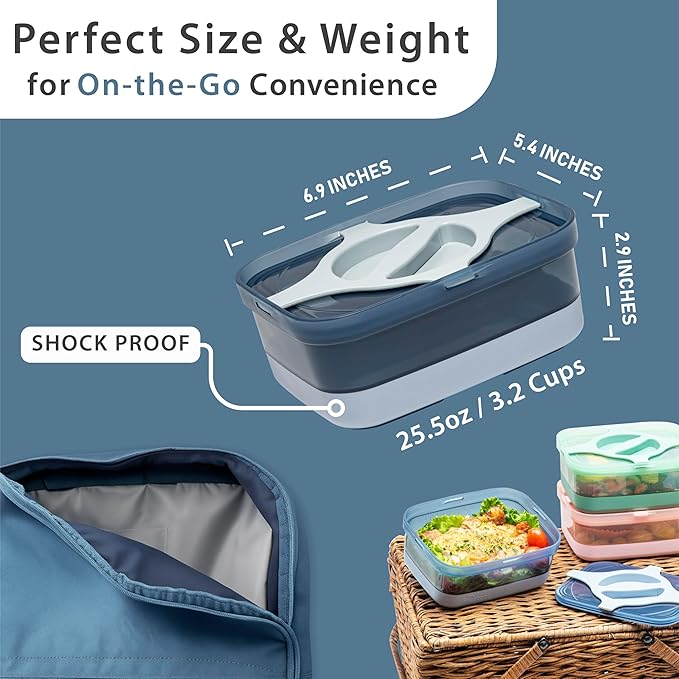 Bento Lunch Box Pack of 2– Leakproof Salad and Meal Prep 3 Cups 25.5oz Container Twistlock Lid Reusable Microwave and Dishwasher Safe BPA-Free For Work and On-the-Go