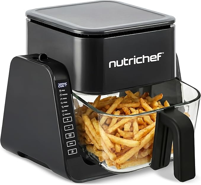 NutriChef 4 QT Air Fryer & Grill | 7-1 Preset Cook Modes | Transparent Fry Bowl for Best Cooking Results | Cook Shrimp, Steak, Fries, Wings & More | 4 QT Glass Air Fryer & 1.2 QT Grill | Black
