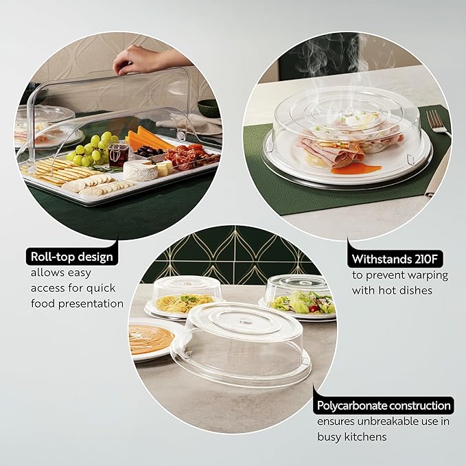 Restaurantware Cater Tek 11 Inch Polycarbonate Plate Cover 1 Shatterproof Dish Cover - Microwavable Endures Up To 210F Clear Plastic Splatter Cover With Finger Hole For 11 Inch Plates