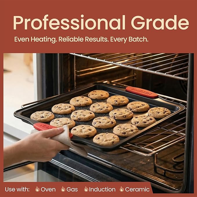 BAKKEN Kitchen Baking Pans - 15.15 x 10.03" Medium Nonstick Sheet, Durable Carbon Steel Cookie Sheet with Red Silicone Handles, PFOA, PFOS, PTFE Free, Oven Safe Tray (Up To 450°F), Set of 1