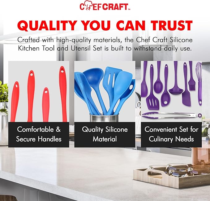 Chef Craft - Premium Silicone Kitchen Tools and Utensils Set, Non-Scratch, Withstands Temperatures up to 450°F, BPA-Free, 9 Piece Cooking Utensils Set, Gray