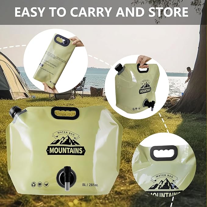 Collapsible 8L Water Storage Bag, BPA-Free Portable Folding Water Jug with Adjustable Faucet, Leakproof Emergency Water Bag for Camping, Hiking, Riding, Outdoor Sport (GREEN, 1)