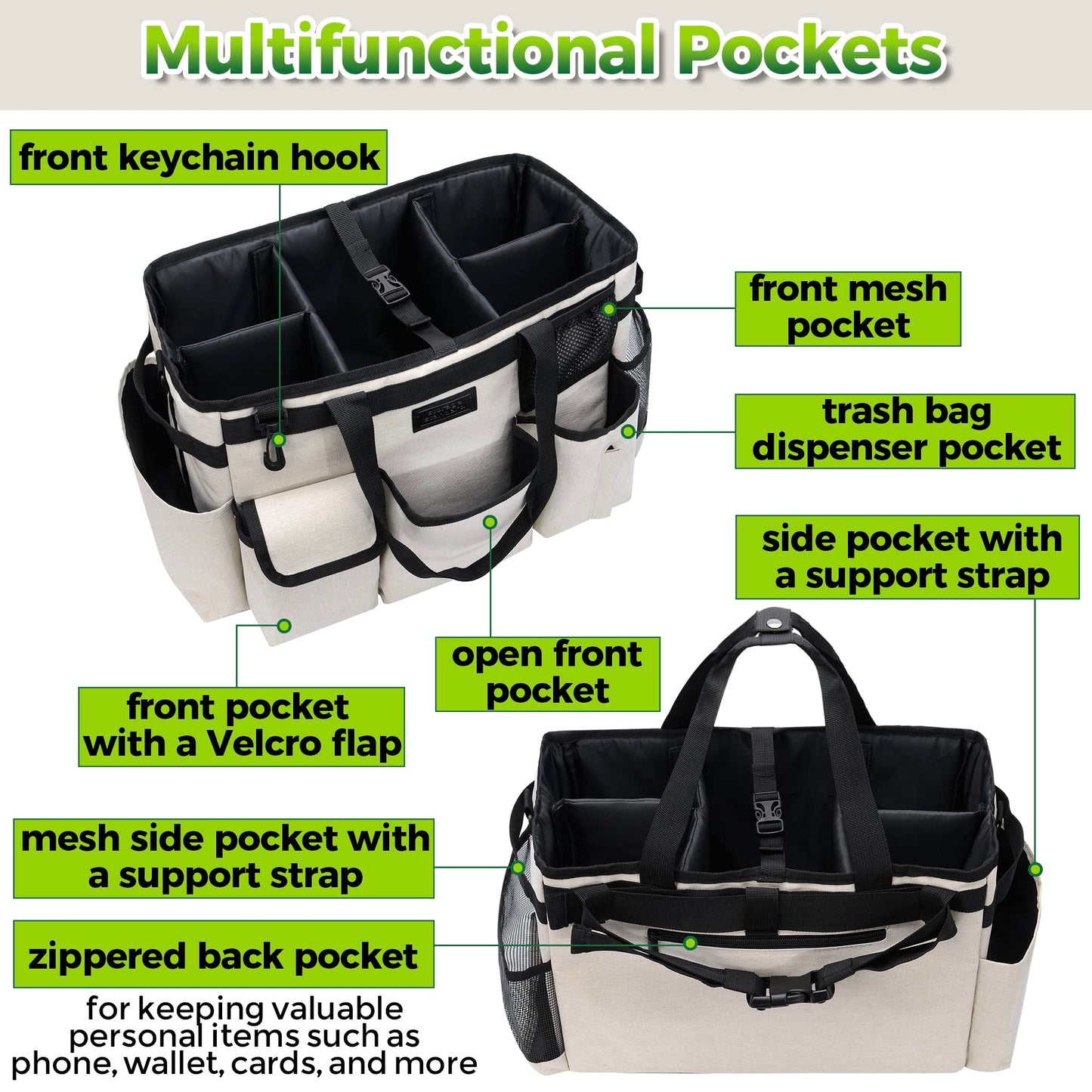 Cleaning Caddy Organizer with Handle - Large Caddy Bag for House & Bathroom Cleaning Supplies, 15 x 8 x 10.5 inches Cleaning Supply Caddy, Housekeeping Tote with Adjustable Strap - Beige