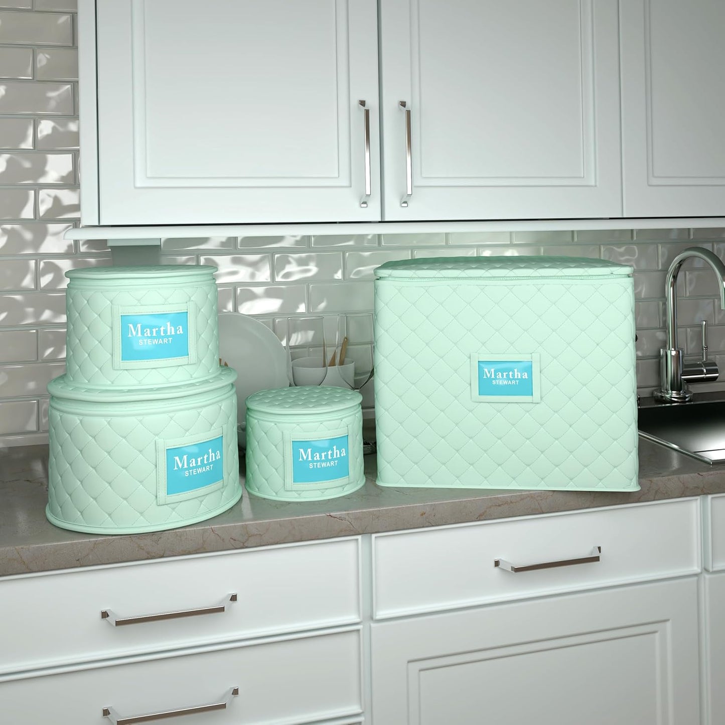 Martha Stewart Dinnerware Stemware Glassware Stackable Organizer Home Storage Container Case, Set of 2 Goblet Stemware Storage Organizers With Removable Fabric Dividers, Mint