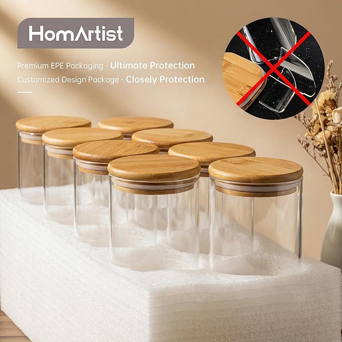 HomArtist Glass Jars with Bamboo Lids 28 floz [Set of 8], Glass Canisters with Airtight Lids, Glass Food Storage Containers for Pasta, Oats, Coffee, Flour, Sugar, Rice, Best for Kitchen & Pantry