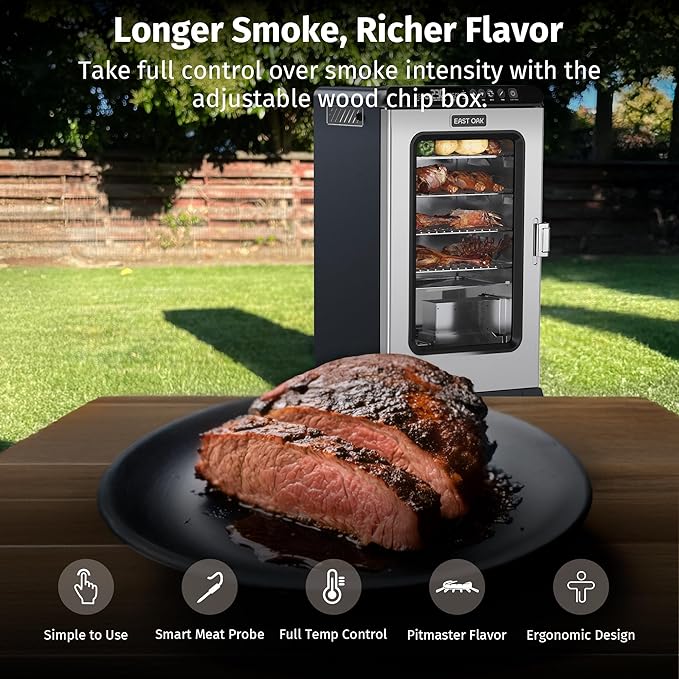 EAST OAK Ridgewood Pro Max Electric Smoker with Leg Kit, Built-in Meat Probe &Side Wood Chip Loader Up to 6× Longer Smokes, Adjustable Temperature Control Smoke More with 725 sq in Cooking Area