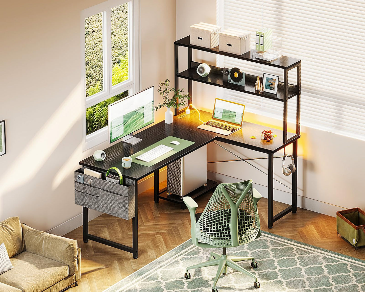 Casaottima Gaming Desk with Power Outlets & LED Lights, 43 Inch Reversible L Shaped Computer Desk with Shelves & Storage Bag, Corner Desk for Home Office, Black