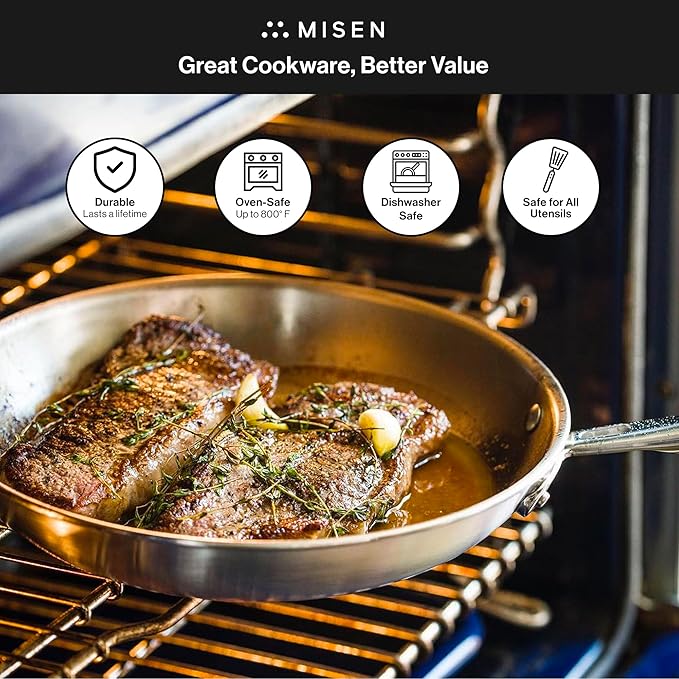 Misen 5-Ply Stainless Steel 8" Frying Pan - Professional Cookware for Induction, Gas and Electric - Dishwasher Safe, Oven Safe to 800°F - Durable, Versatile, Even Heating