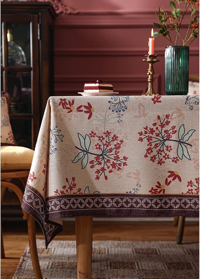 patdrea Designer French Linen Long Tablecloth for Rectangle Table,Vintage Red Floral Tablecloths,Dacorative Cover for Kitchen Dining,Tea Party,Christmas,Thanksgiving,Holiday,63"x87"-Newmari