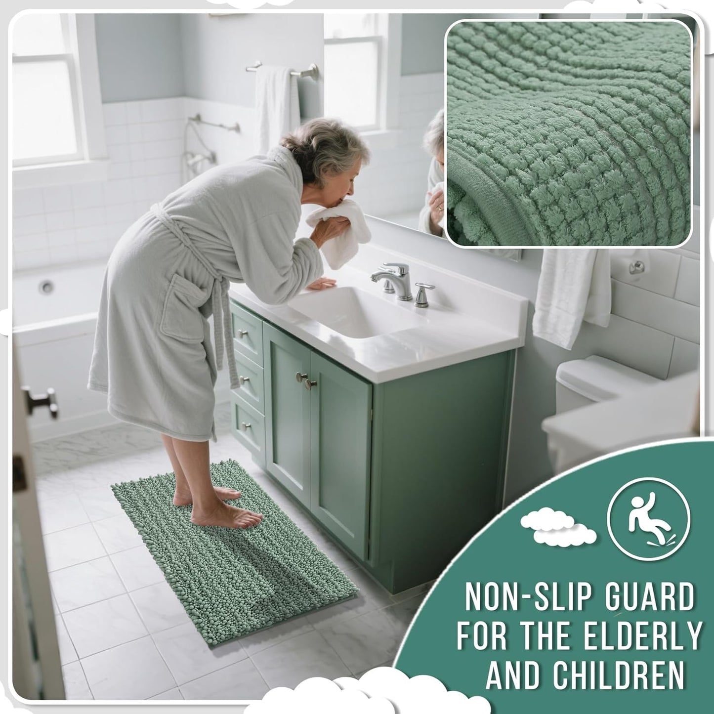 Yimobra Bathroom Runner Rug 70x24 Inch - Extra Long Non Slip Chenille Bath Mat, Soft & Absorbent, Machine Washable Shaggy Hallway Carpet for Vanity Tub Shower, Green Home Decor Accessories