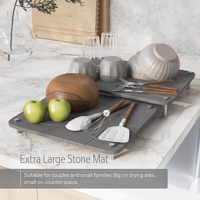 Large Stone Drying Mat for Kitchen Counter | 15.8” x 11.8” Dish Drying Mat Large | Diatomaceous Earth Collapsible Stone Dish Drying Mat | Collapsible Stone Mat for Kitchen Counter (Dark Gray)