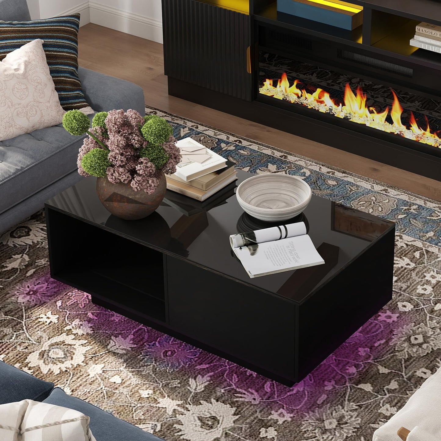 COSVALVE 43.3IN LED Black Coffee Tables for Living Room with 16 Colors LED Lights Modern Coffee Table with Storage Drawer Rectangle Center Table for Home Furniture