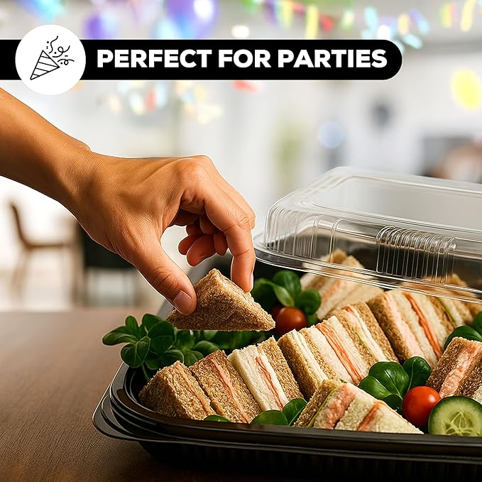 25 Pack Catering Trays with Lids – 15" Serving Tray with Lid, Heavy Duty Recyclable Plastic Party Platters for Catering, Buffet, Picnics & Events – Food Tray with Clear Lid (15.35 × 11.42 × 2.95 inch)
