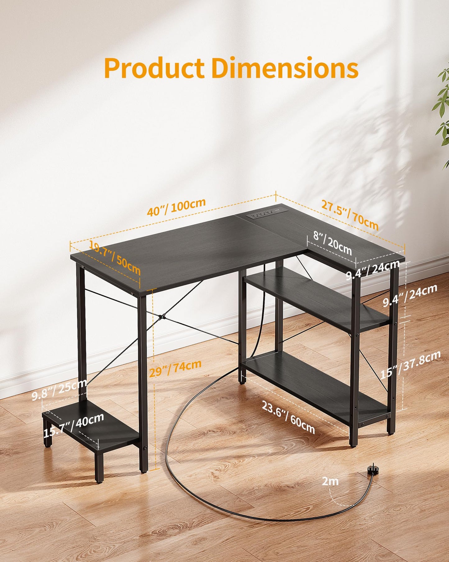 CubiCubi Small Computer Desk with Power Outlets, 40 Inch L Shaped Desk with CPU Stand & Reversible Shelves, Gaming Corner Desk Study Writing Table for Home Office Bedroom, Black