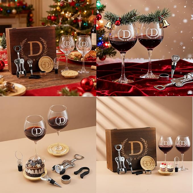 GZLDGIFTS Personalized Initial Wine Glasses Box Gift Set For Women Mom Engraved Birthday Monogrammed Wooden Christmas Gifts Wedding Anniversary Wine Couples Stopper Opener Initial Letterr (J Set)