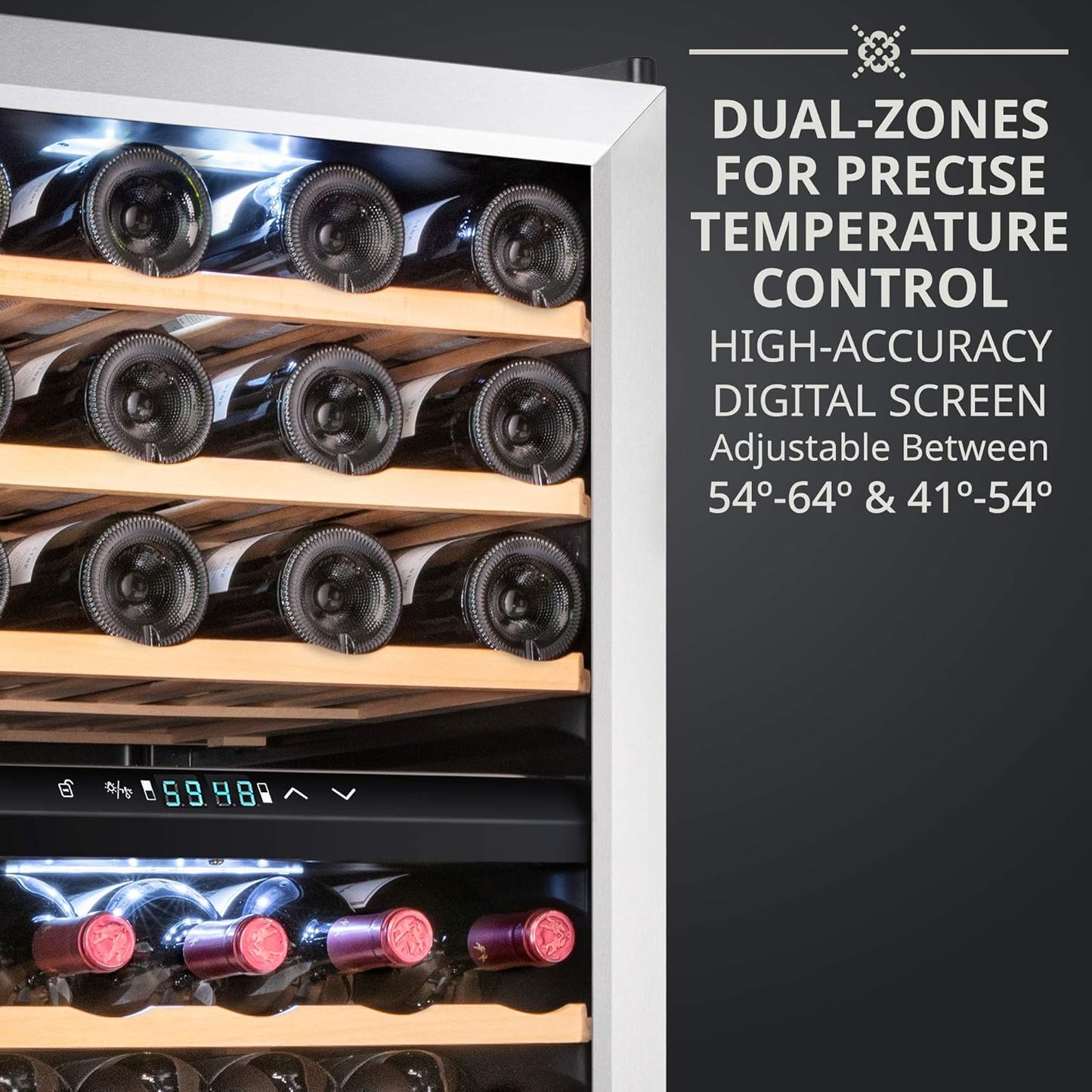 Ivation 43 Bottle Dual Zone Wine Cooler Refrigerator w/Lock | Large Freestanding Wine Cellar For Red, White, Champagne & Sparkling Wine | 41f-64f Digital Temperature Control Fridge Stainless Steel