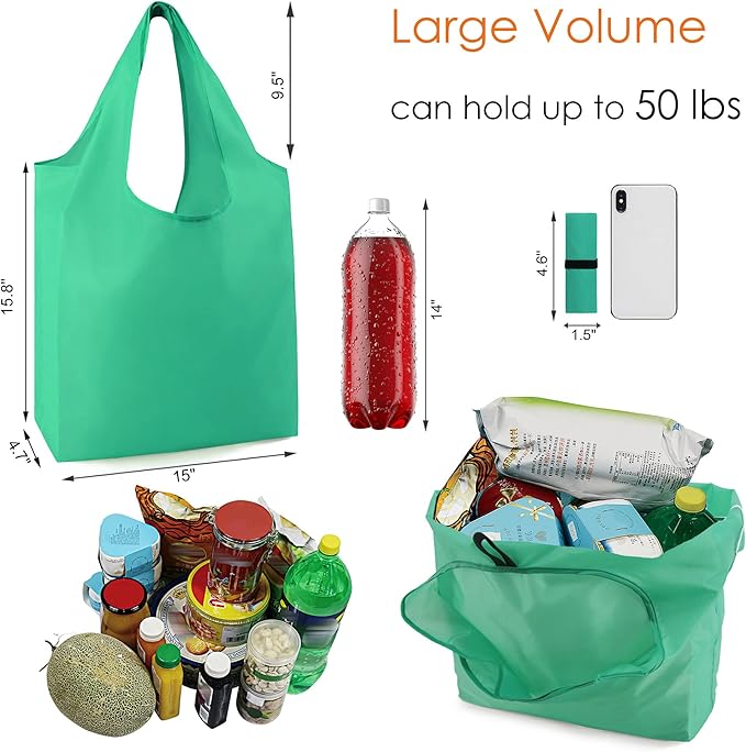 BeeGreen Groceries Reusable Bags for Shopping Compact Cute Solid Color Cloth Grocery Totes Set of 12 Fold up Packable Recycling Shopper Baggies w Zipper Carry Pouch for Supermarket