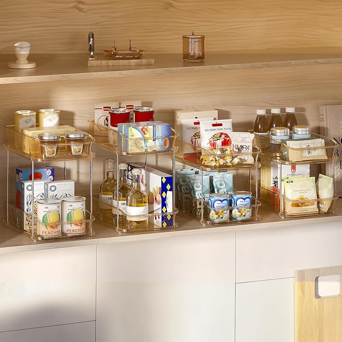 Delamu 2-Tier Under Sink Organizers and Storage, Multi-Purpose Stackable Bathroom Cabinet organizers, Pull Out Kitchen Pantry Organization and Storage with Dividers(4 Pack, Amber)