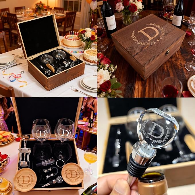 GZLDGIFTS Personalized Initial Wine Glasses Box Gift Set For Women Mom Engraved Birthday Monogrammed Wooden Christmas Gifts Wedding Anniversary Wine Couples Stopper Opener Initial Letterr (A Set)