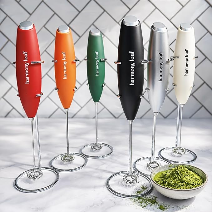 Harmony Leaf Handheld Milk Frother, Stainless Steel Electric Drink Mixer with Stand, Battery Operated Coffee Frother for Lattes, Matcha, Hot Chocolate and More, Silver