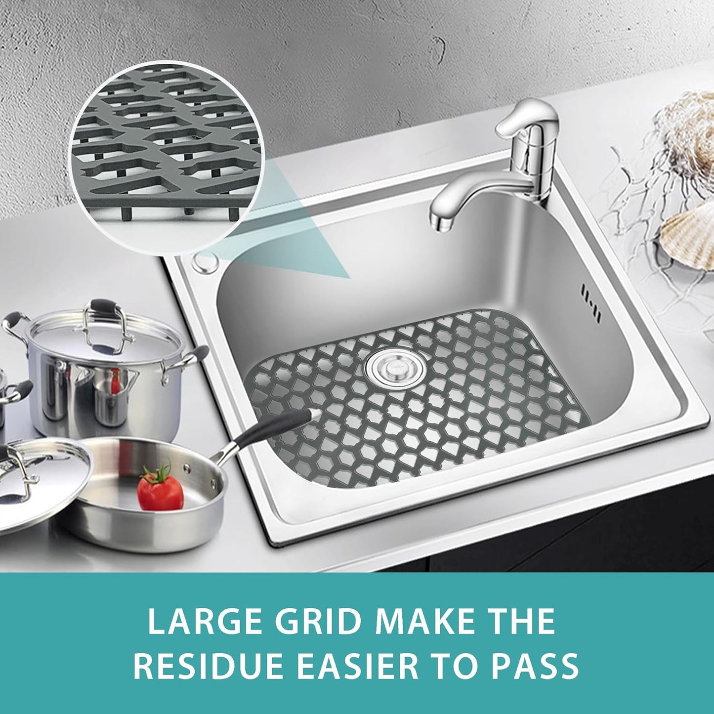 Sink Protectors for Kitchen Sink 13x11 &16x12 &19x14 &21x16 &22x13 &24x13 &26x14 &28x14 &30x16, Large Silicone Sink Mats Grid for Bottom of Farmhouse Sink (21”x16”, Rear Drain)