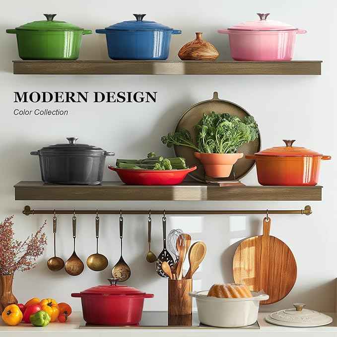 Overmont Enameled Cast Iron Dutch Oven - 7QT Pot with Lid Cookbook & Cotton Potholders - Heavy-Duty Cookware for Braising, Stews, Roasting, Bread Baking orange