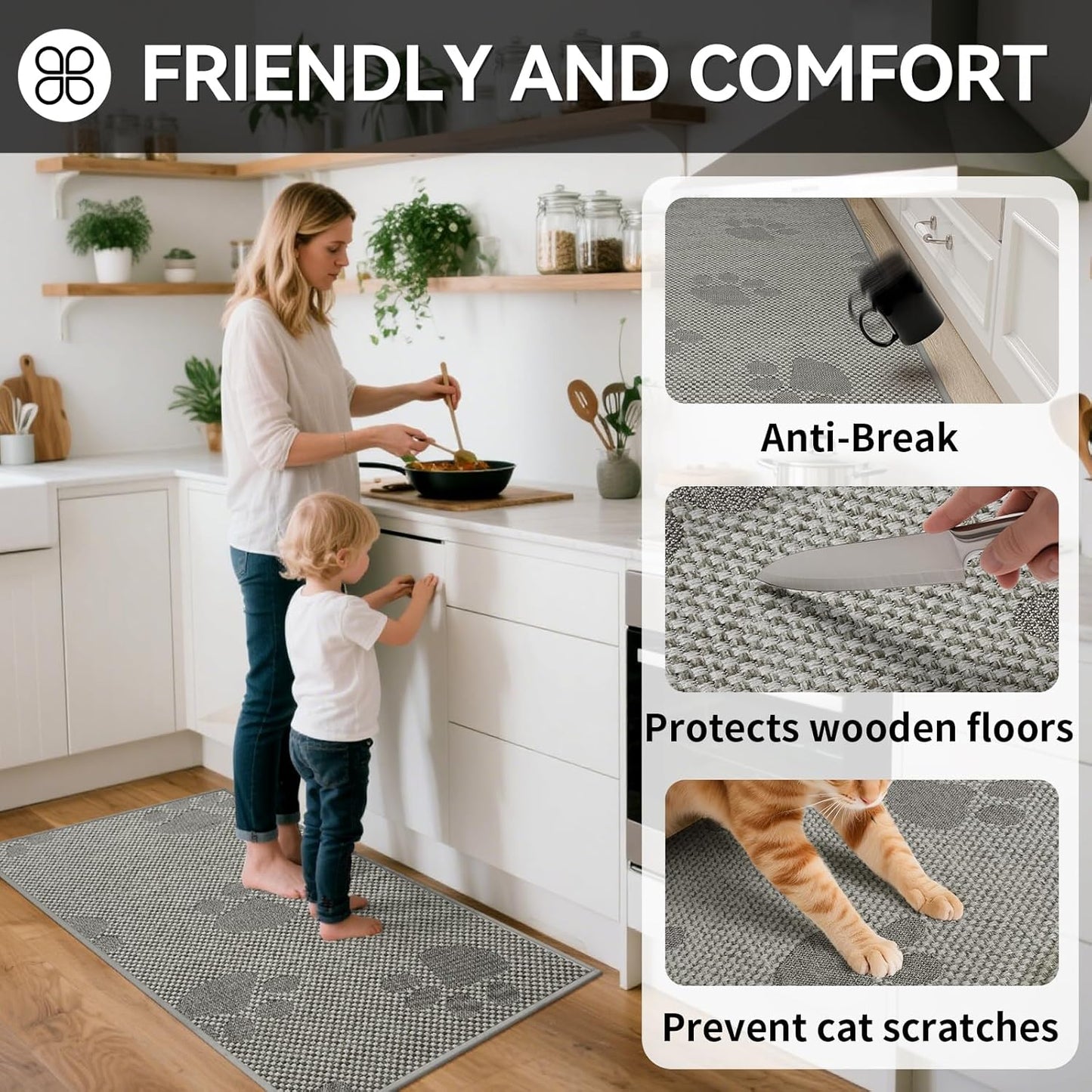 Non-Slip Kitchen Mats for Floor, Soft Woven Linen Embroidery Kitchen Runner Rug - Super Absorbent Washable Kitchen Sink Mat with Rubber Backing for Office & Home Gray 17x59
