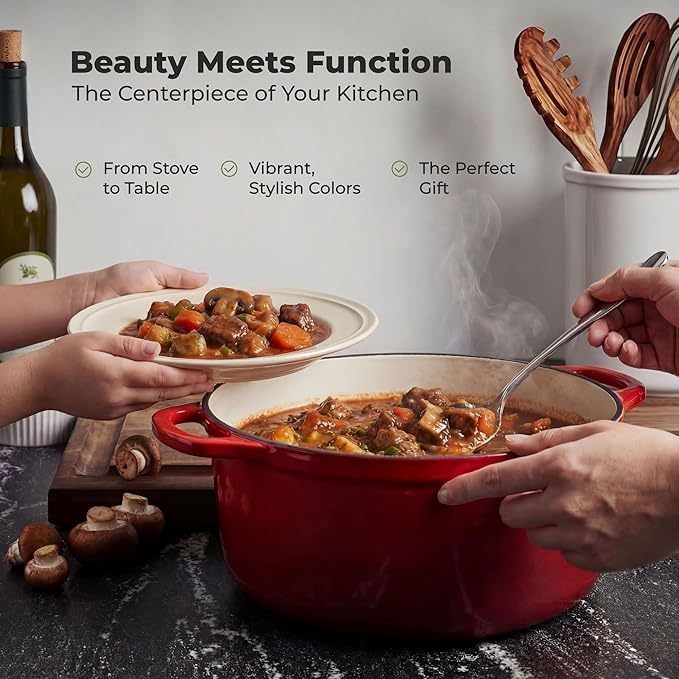 Zulay Kitchen 6.4 Quart Enameled Cast Iron Dutch Oven Pot with Lid – Premium Durability & Oven Safe up to 500°F – Heavy Duty Cookware Perfect for Bread Baking, Stews, Braising & Roasting - Ablaze Red